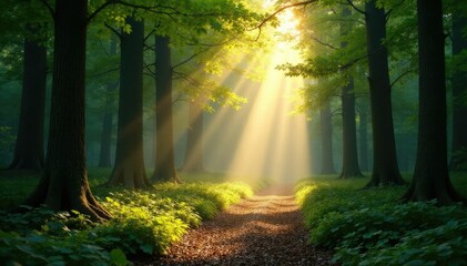 Obraz premium Soft sunbeams peek through trees casting a peaceful atmosphere on the forest floor, forest, light