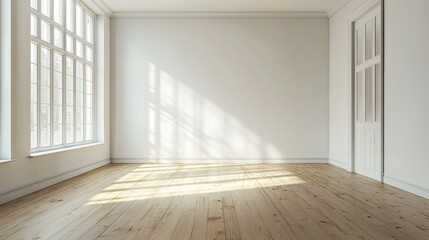 Obraz premium Bright and Airy Empty Room with Wooden Floor and Large Windows