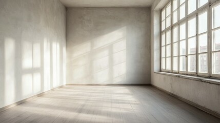 Bright and Empty Room with Large Windows and Soft Light Effects