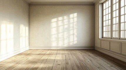 Empty Bright Room with Wooden Floor and Large Windows in Daylight