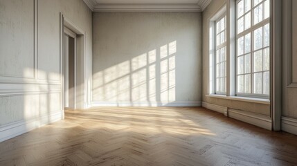 Sunlit Empty Room with Large Windows and Wooden Flooring