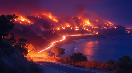 winding road along the sea and hills covered in flames