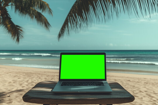 Laptop Paradise: A laptop with a green screen sits invitingly on a wooden table, set against the idyllic backdrop of a sandy beach, serene ocean waves, and gently swaying palm trees.