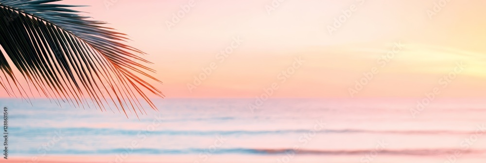 Poster gentle waves rolling on the shore of a tropical beach at sunset, with palm tree leaves in the foregr