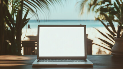 Remote Work Paradise: A laptop sits open on a desk overlooking a tropical beach, capturing the essence of remote work in a serene setting, with the ocean waves gently lapping at the shore.