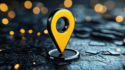 Vibrant 3D Yellow Location Pin Symbol on a Dark Textured Background with Glowing Bokeh Lights Effect