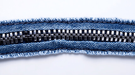 Close Up Of A Denim Zipper With Blue Fabric And Silver Metal On White Background