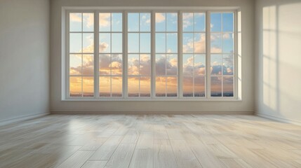 Fototapeta premium Spacious Empty Room with Large Windows and Scenic Sunset View