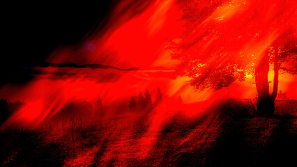 Beautiful mountain landscape, magic night and red light effect.