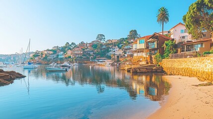 Calm bay sunrise, waterfront homes, sandy beach, boat reflections, coastal travel