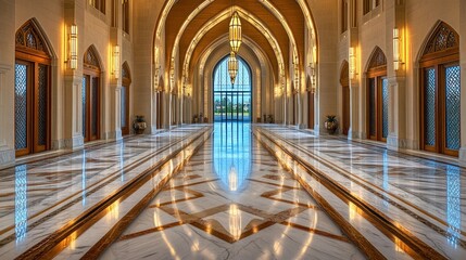 Grand Mosque Hallway, Marble Floor, Light, Reflection, Doors, Architecture, Interior, Luxury, Design, Middle East