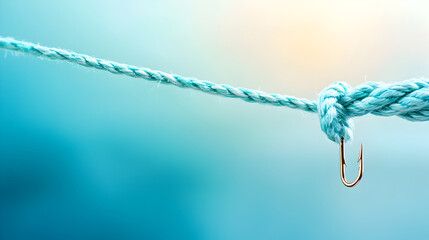 Golden fishing hook tied to a blue rope against a blurred ocean background. Ideal for fishing industry, bait advertising, and nautical themes. Selective focus