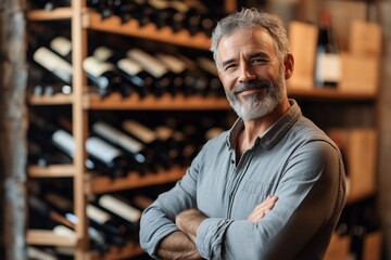 Senior sommelier smiling with crossed arms in wine cellar