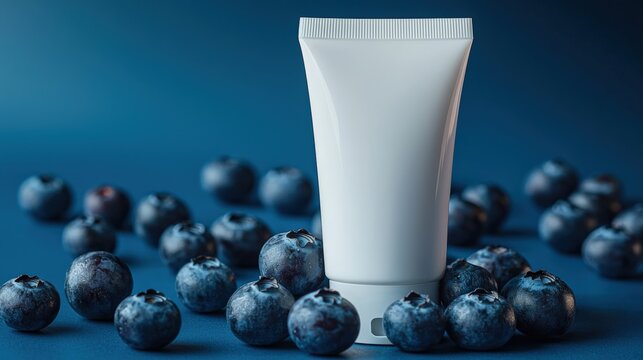 Moisturizing Cream with Blueberries on Elegant Blue Background