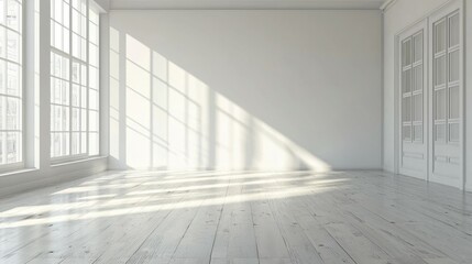 Fototapeta premium Bright and Spacious Empty Room with Large Windows and Wooden Floor