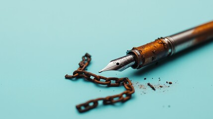 A single ink pen breaking rusted chains in a clean minimalist layout, light blue backdrop, sharp edges on the pen and chain fragments.