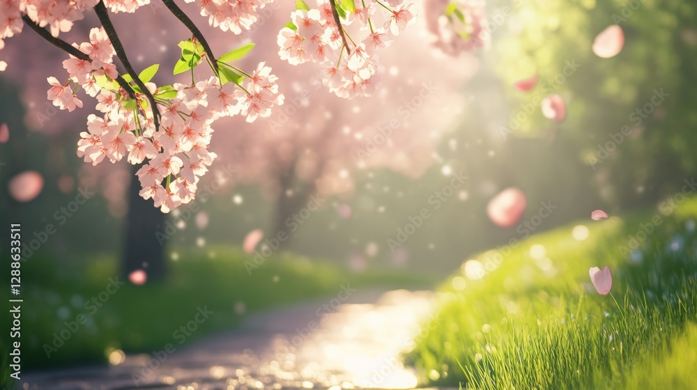 Poster gentle sunlight illuminates falling pink cherry blossom petals creating a magical spring scene with 