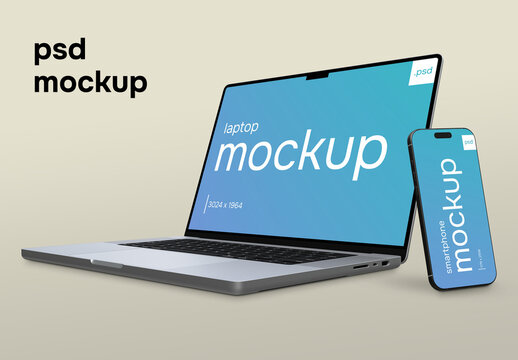 Isolated laptop and smartphone mockup set