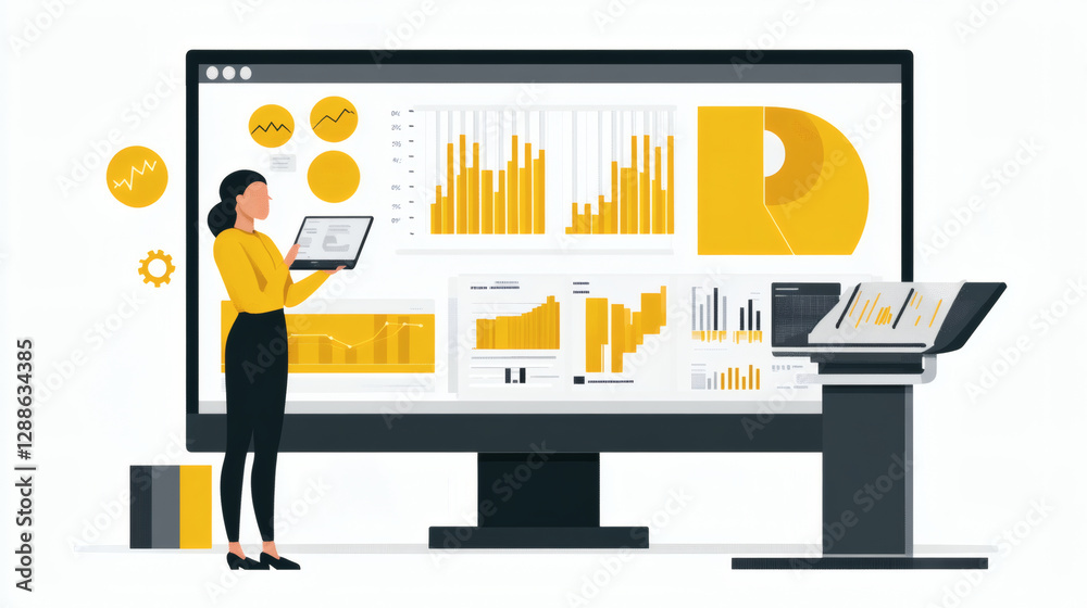 Poster A woman in yellow analyzes data on a large screen with charts and graphs, showcasing insights and statistics in a modern office setting