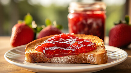 A crispy slice of toast with homemade strawberry jam