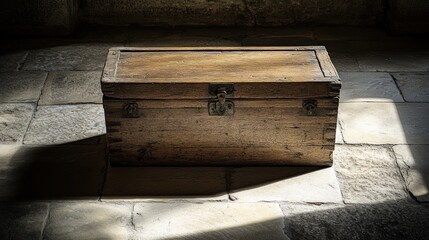 Obraz premium Antique wooden chest, stone floor, sunlight, mystery, history, website