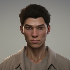Obraz premium A highly detailed, hyper-realistic close-up portrait of an AI-generated human face. This digital artwork features lifelike skin textures, expressive eyes, and natural lighting.