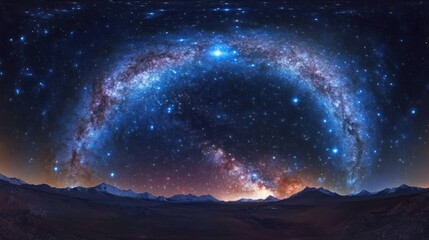 Panoramic night sky over mountains, milky way, starry, landscape