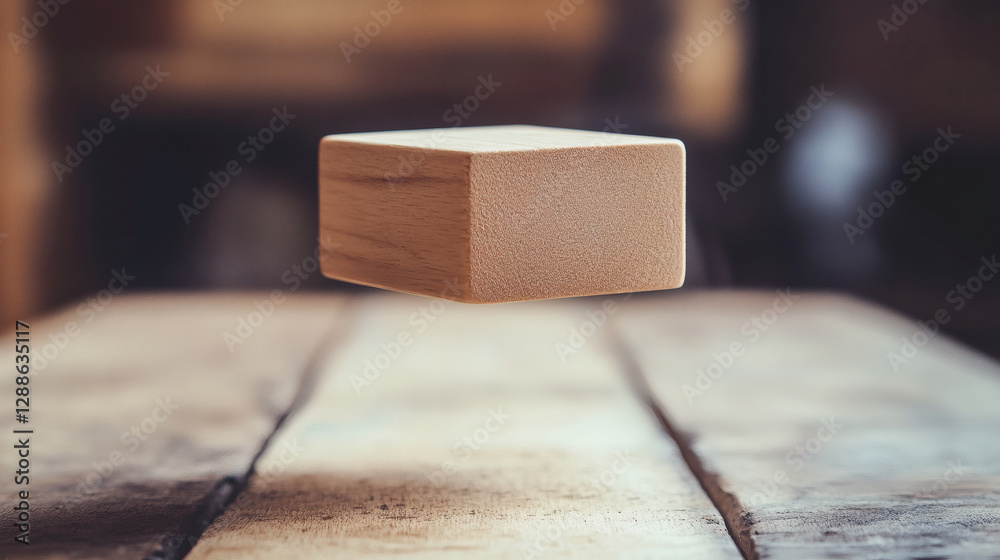Aufkleber A wooden block appears to levitate over a rustic table, creating an intriguing visual effect against a blurred background