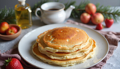 Golden pancakes stacked high with a pat of butter melting on top and syrup drizzled over them, ready to be enjoyed during Maslenitsa festivities.