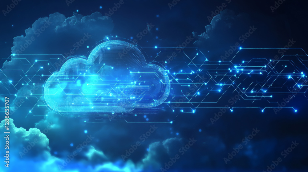 Poster A digital representation of clouds interwoven with glowing data streams, symbolizing cloud computing and technological advancement