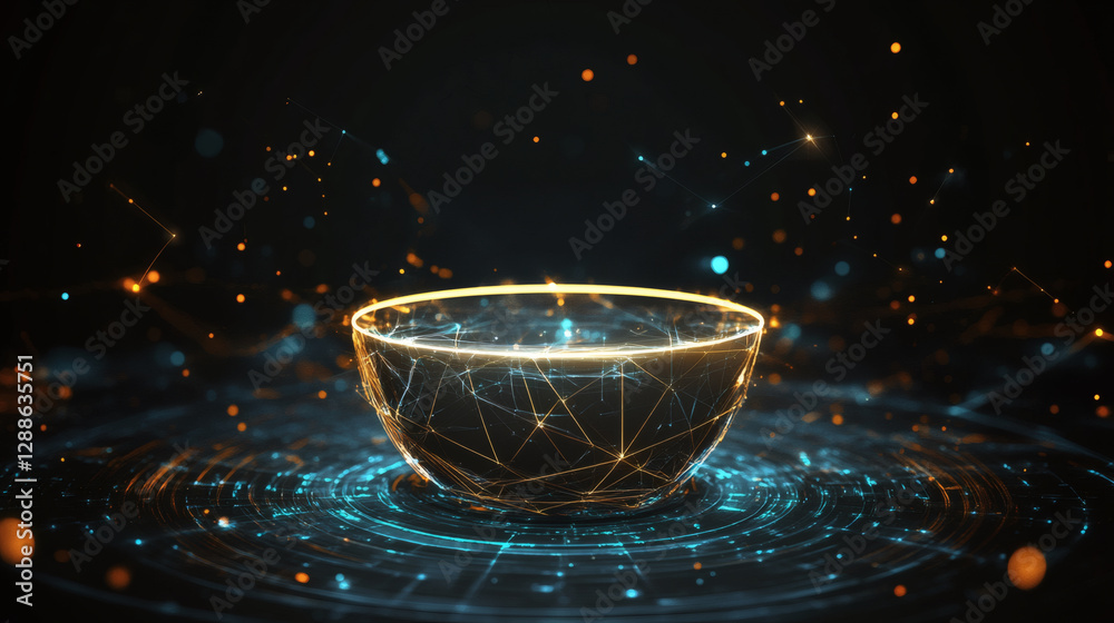 Aufkleber a glowing, abstract bowl surrounded by digital particles and geometric patterns, symbolizing technol
