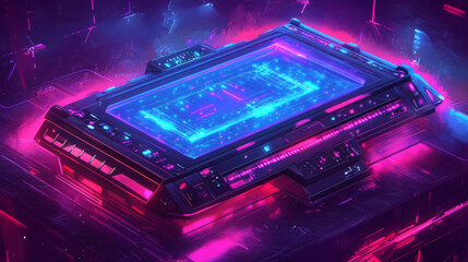 A futuristic, neon-lit digital platform surrounded by glowing circuitry, evoking a sci-fi atmosphere with vibrant colors