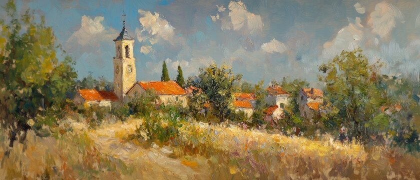 Impressionistic St Severin: Village Church Orange Roofs Fields and Cloudy Sky