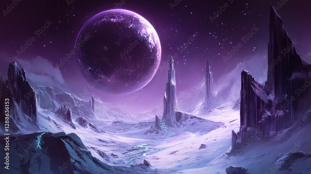 Poster a surreal, purple-hued alien landscape features towering rock formations under a large celestial bod