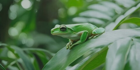 Green Tree Frog on Lush Tropical Leaf Nature art life wild plant fauna macro image fresh
