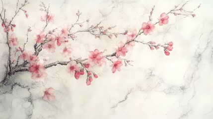 Delicate pink cherry blossoms on a marble background, conveying beauty and tranquility.
