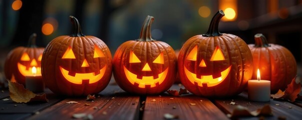 Carved jack-o-lanterns placed in a candelabrum, warm glow, jack-o-lanterns