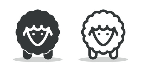 Cute sheep icon, black and white, woolly farm animal, simple cartoon style, vector illustration.