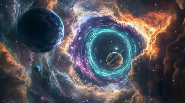 A surreal digital artwork depicting an interstellar wormhole, with swirling cosmic clouds and planets visible on the other side of its aperture
