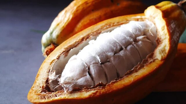 Close-up of white fresh cocoa seed on ripe cacao pod and  yellow cacao fruit