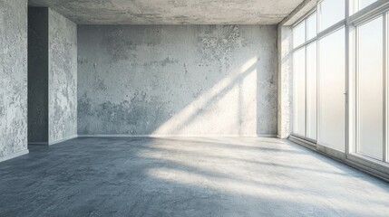 Empty minimalist room with concrete walls and large windows