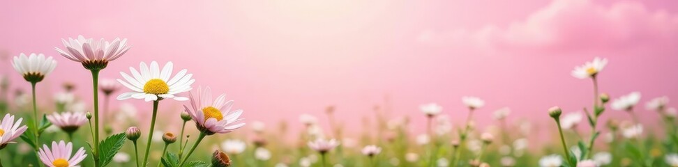 Chamomile flowers in a field against a pastel pink sky, flower, sky
