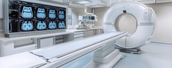 Modern medical imaging room featuring a CT scanner and monitors displaying scans.
