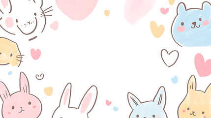 Colorful Cartoon Bunnies and Hearts Frame on a White Background with Pastel Colors