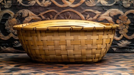 Fototapeta premium Wicker Basket with Carved Wood Backdrop