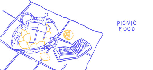 La Dolce vita lifestyle illustration in line doodle art style for romantic event menu, invitation, poster, placard. Picnic in italian style with wine, book and lemons. Elegant breakfast or brunch.