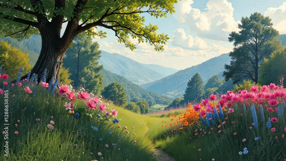 Poster a path with a tree and pink flowers. the flowers are in the foreground and the tree is in the backgr