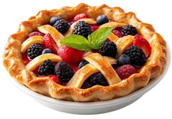 The image showcases a freshly baked mixed berry pie with a golden lattice crust, filled with strawberries, blackberries, blueberries, and raspberries, garnished with fresh mint leaves.