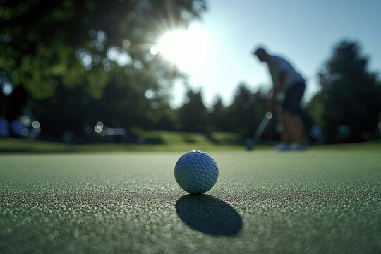 Golf ball on green, golfer in park, sunny day