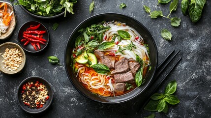 Delicious bowl of Vietnamese pho with fresh herbs and beef slices